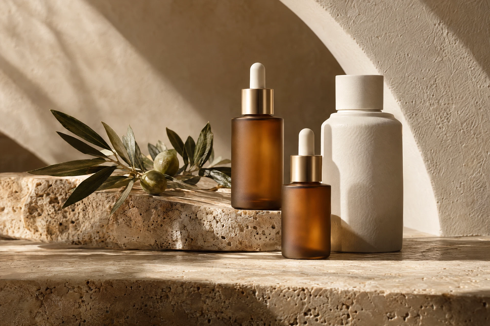 Illustrative editorial still life of skincare vessels in warm sunlight